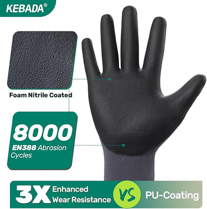 Kebada W5 Work Gloves Bulk Pack (60 Paris), Foam Nitrile Coated Safety Gloves with Grip, Knitted with Spandex and Nylon, Ideal for Gardening, Warehouse, XXL