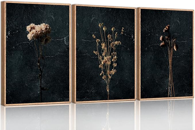 Ausril Moody Dark Orange Floral Framed Canvas Wall Art Set, Minimalist Wildflower Wall Decor, Black Flower Botanical Wall Painting, Modern Art Print for Living Room, Bedroom, Office 16"x24"x3