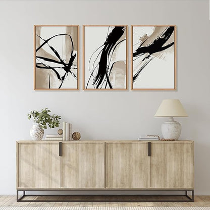 HOURIA Large Abstract Tan and Black Brush Stroke Framed Canvas Wall Art Set,Textured Beige Circle Wall Decor,Minimalism Brown Ink Line Artwork,Modern Shape Art Print for Living Room,Bedroom- 24"x36"x3