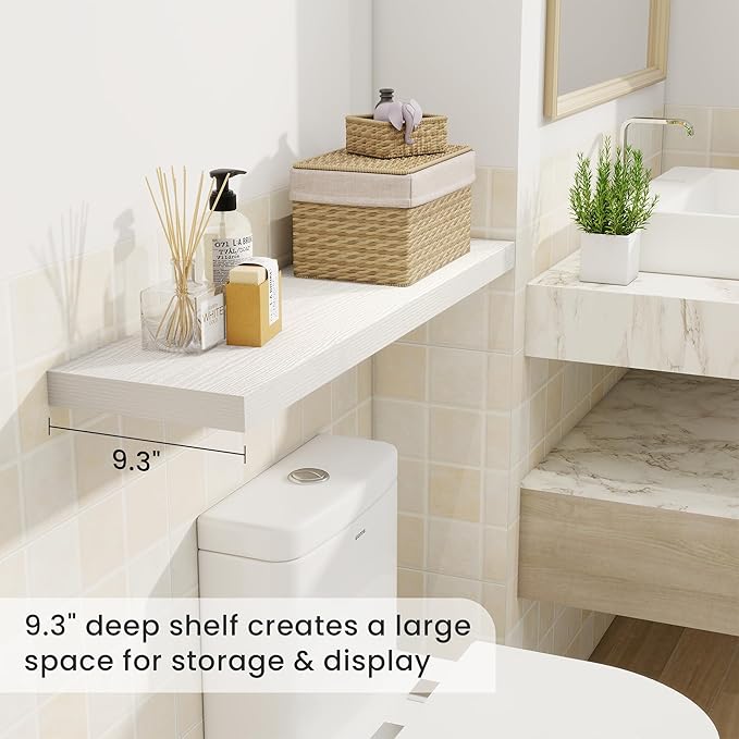 Fun Memories 36 Inch Floating Shelves, 9.3 Inch Deep Rustic Wall Shelves - Extra Deeper Wall Mounted Storage Shelves for Bathroom, Kitchen, Living Room (White, Set of 2)