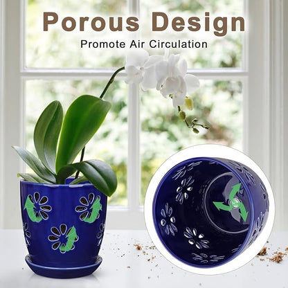 Oairse 6 inch Orchid Pots with Holes, Royal Blue Ceramic Orchid Pot for Repotting Small Indoor Plant Pots with Drainage Holes and Saucers Decorative Flower Planter for Orchids, Indoor Plant