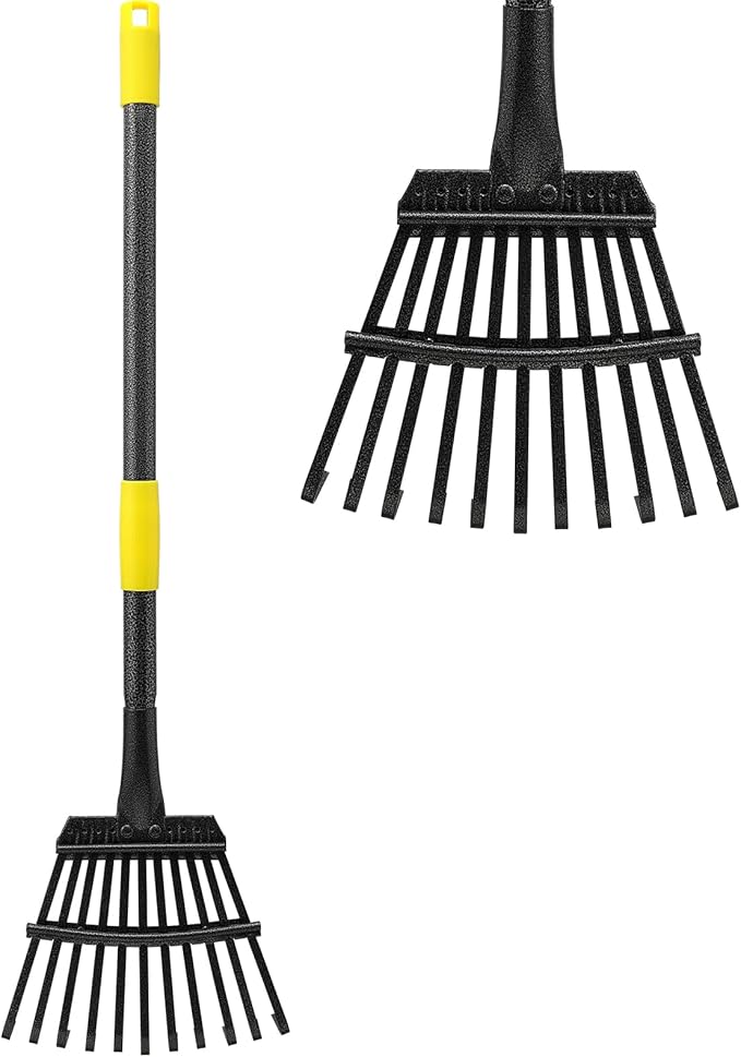 Garden Leaf Rake for Lawns Heavy Duty, Adjustable Shrub Iron Thatch Rake Long Handle 30-58", 11 Tines 9" Wide Adult Kids Yard Small Metal Rake for Leaves Gardening Camping Debris Flower Beds