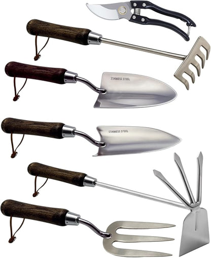 Garden Tool Set, 6PCS Heavy Duty Stainless Steel Gardening Hand Tools with Ropes, Includes Hand Cultivator Shovel Trowel Transplanter 2-in-1 Hoe Pruner, Ideal Gardening Gifts for Women Men (Standard)