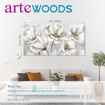 arteWOODS Flowers Canvas Wall Art - Gray White Flowers with Yellow Accents Pictures Wall Decor Botanical Painting Artwork Elegant Floral Prints Home Decor Living Room Bedroom Ready to Hang 40 x 20in