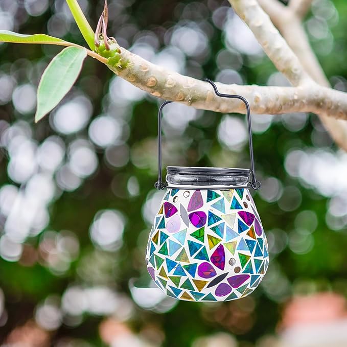 Afirst Mosaic Solar Lanterns - Glass Hanging Lights Butterfly Hollow Out Waterproof Outdoor Decorative for Garden, Patio, Holiday Party Outdoor Decoration, 1 Pack