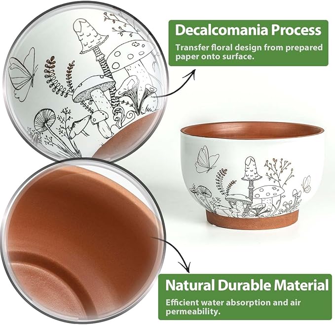 YBX 8 Inch & 6 Inch Terracotta Pots, Plant Pots, Flower Pots for Indoor Plants with Drainage, Planters with Mushroom Accent for Indoor Plants (Cottage)