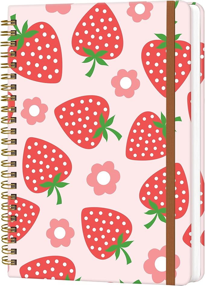 Spiral Journal Notebook for Women, Hardcover A5 College Ruled Notebook, 120 Pages, Thick Paper, Cute Lined Journal for School, Office & Work, 6 x 8.4 in(Pink Strawberry Flower)