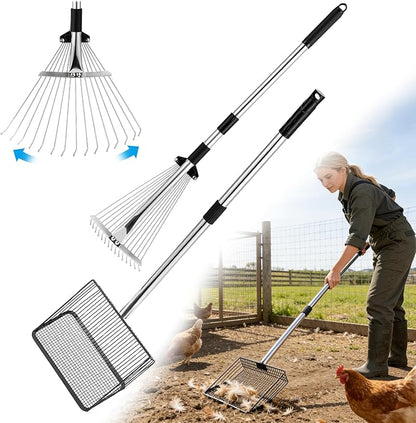 2pc Chicken Poop Scooper & Chicken Coop Rake, Lassume Adjustable 3-Length Cleaning Tools, Heavy Duty Chicken Coop Scooper & Manure Rake for Sand, Leaves, Animal Wastes (62"L Sifting Shovel,15"W Rake)