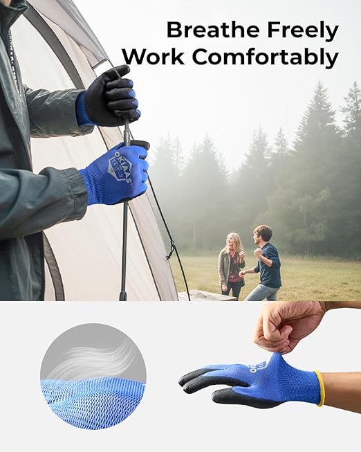 OKIAAS Work Gloves for Men, Ultra Thin and Lightweight Working Gloves with Grip, 12 Pairs Bulk Pack Construction Gloves with Polyurethane Coating for Light Duty Work (Green, X-Large)