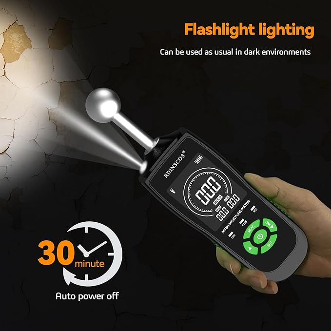 RDINSCOS Ball Probe Moisture Meter Non-Invasive Digital Moisture Detector with 40 mm Depth, Flashlight, LCD Display