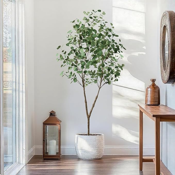 6.89ft Artificial Tree, Faux Eucalyptus Tree with Lifelike Leaves, Fake Eucalyptus Tree with Sturdy Plastic Pot, Artificial Plants for Office Home Living Room Indoor Outdoor Decor