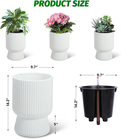 14.2" Tall Planters Set of 2, Plant Pots, Self Watering Pots for Indoor Plants, Flower Pots with Built-in Drainage and a Water Level Monitor, for Patio, Porch, Living Room, or Office, White