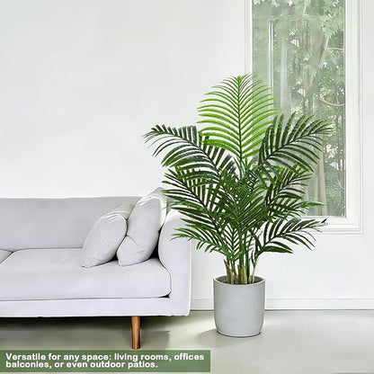 Artificial Palm Tree Indoor, 3.5FT Tall Faux Plants, Fake Tropical Silk Floor Plant with White Planter, Faux Areca Palm Plant Artificial Tree in Pot for Home Room Office Outdoor Patio Decor