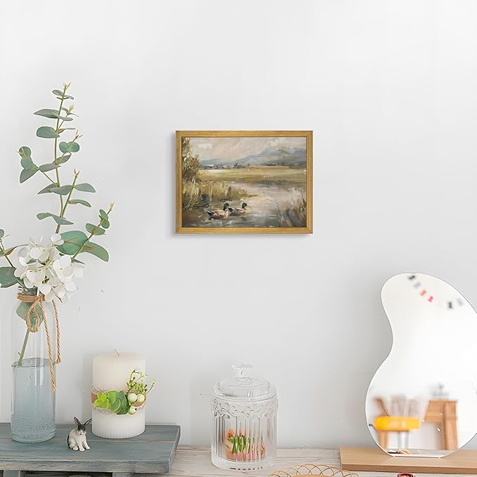 Vintage Countryside Landscape Canvas Wall Art – Mallard Ducks Wildlife Painting, Rustic Nature Decor Print Poster for Living Room Bedroom Farmhouse Wall Decor 8x10 Inch Framed