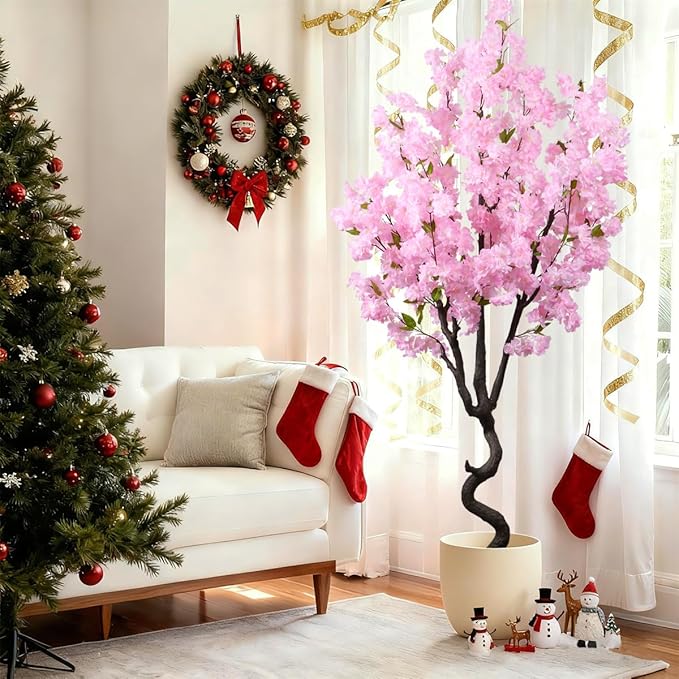 7FT Artificial Cherry Blossom Tree Beautiful Sakura Flower Tree Indoor Faux Pink Tree for Home Christmas New Year Decor
