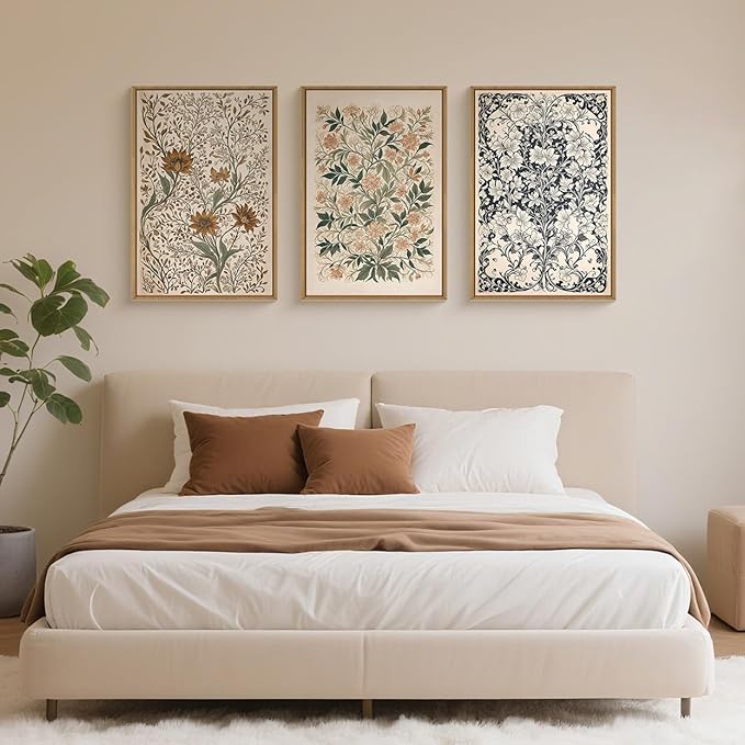 Large Abstract Vintage Flower Framed Canvas Wall Art,Antique Botanical Wall Decor,Neutral Bouquet Wall Painting,Aesthetic Floral Artwork for Living Room,Bedroom,Dining Room,Office -24"x36"x3