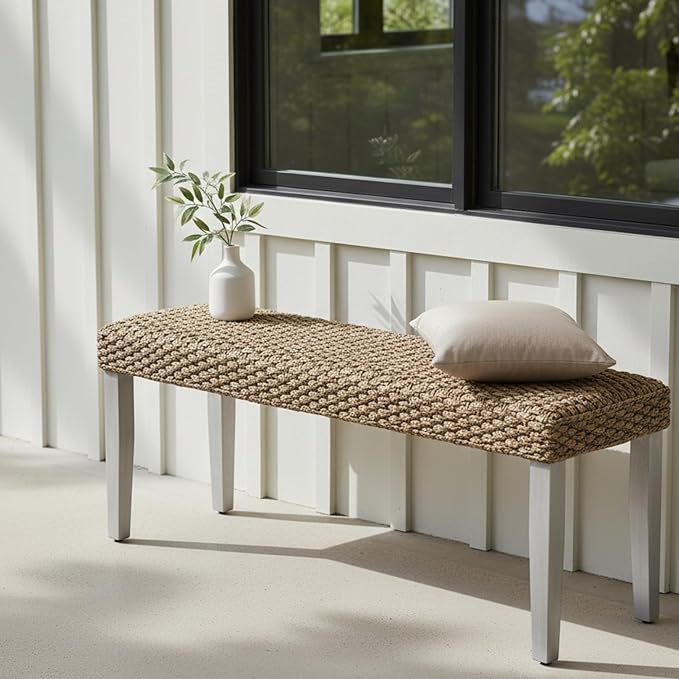 Solid Wood Acacia Bench with Natural Woven Seat, Boho Bench Entryway, Wood Bench for Living Room, Porch Lawn Garden Yard or Entryway (Plait Style - Grey Leg, Water Hyacinth)