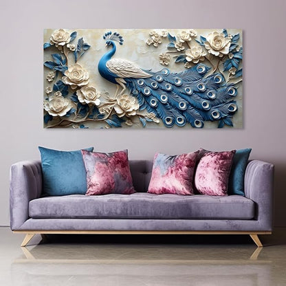 Navy Blue Peacock Wall Art for Living Room Office Elegant Animal Peacock and Roses Painting Prints Vintage Canvas Artwork Girls Bedroom Décor Ready to Hang (30x60 Inches)
