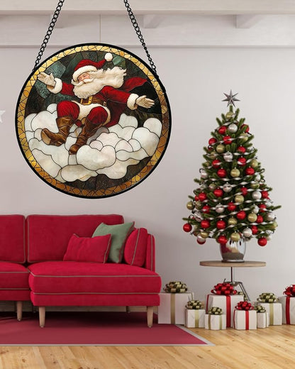 Stained Glass Window Hanging - Red White Santa Claus Clouds Suncatcher for Doors Home Christmas Decoration Sun Catcher Thanksgiving New Year Birthday Gifts for Friend Women Men Mom Nana 15 in