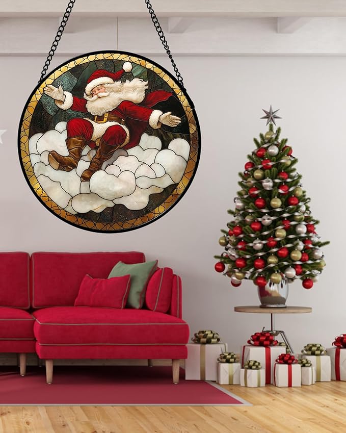 Stained Glass Window Hanging - Red White Santa Claus Clouds Suncatcher for Doors Home Christmas Decoration Sun Catcher Thanksgiving New Year Birthday Gifts for Friend Women Men Mom Nana 7.8 in