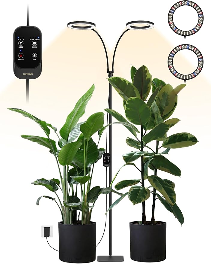GLOWRIUM 48W LED Dual-Head Grow Light for Indoor Plants, 23.5-71" Adjustable Height, 3-Growing Full Spectrum for Tall Plant Light, 3/9/12/16H Timer, 6-Level Dimming, Ideal for Large Tall Plants