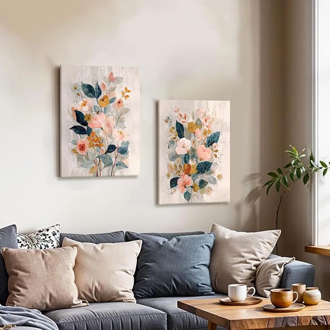 RUMSICH 2 Pcs Watercolor Floral Canvas Wall Art Colorful Wildflowers Print Posters Bohemian Botanical Wall Decor Modern Minimalist Flower Paintings Artwork Pictures Living Room Bedroom 16x24 Inch
