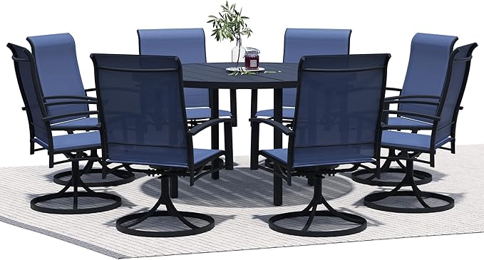 9 Piece Outdoor Dining Set, 60" Black Round Outdoor Dining Table with 8 Blue Swivel Patio Table and Chair Set of 8 for Lawn, Garden, or Porch