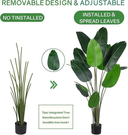 Artificial Bird of Paradise Tree for Home Decor, Fake Plants Areca Palm Tree Fake Silk Banana Leaf Tropical Trees Faux Tropical Palm Potted Dypsis Lutescens for Home Office Decor Housewarming