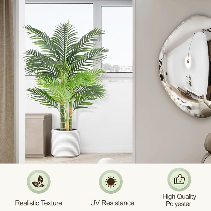 4ft Tall Triple Golden Cane Palm Artificial Tree 48" Large Tropical Palm Tree UV Resistant Fake Tree in Pot for Indoor Outdoor Big House Living Room Outside Patio Office Home Decor 2Pack