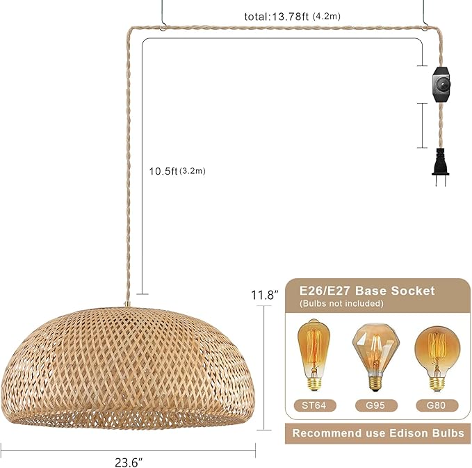 Bamboo Plug in Pendant Light with 14ft Handmade Woven Light Cord, Dimmable Switch, Rustic Basket X-Large Hanging Lamp for Bedroom Kitchen Island Dining Room Living Room, 23.6 inch Width