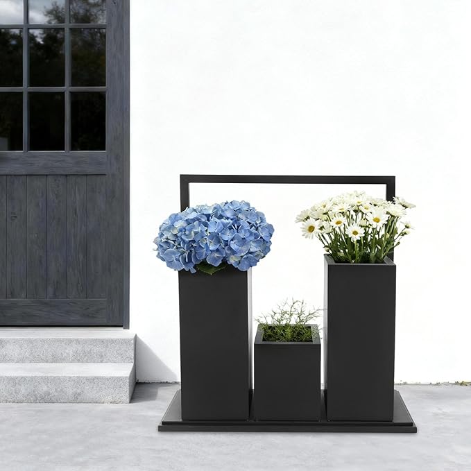 Modern Geometric Metal Planter for Outdoor & Indoor, Large 31Inches Tall Steel Planter with Drainage Holes, Black Galvanized Planter Pot for Plants, Garden, Patio, Entryway, Lobby
