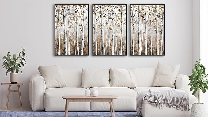 Large Framed Tree Wall Art - Abstract Forest Wall Decor 20"x28" Set of 3 Aesthetic Autumn Birch Painting Prints Modern Brown Plant Canvas Pictures for Living Room Bedroom Office Artwork