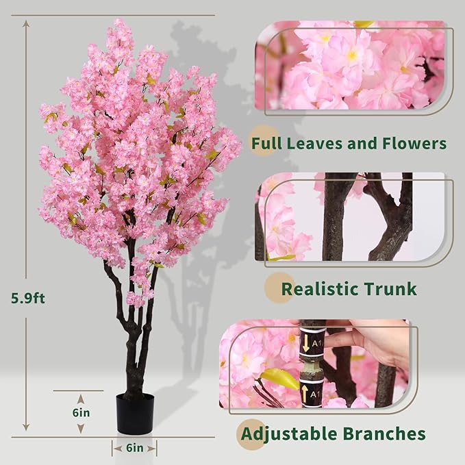 5.9ft Tall Cherry Blossom Artificial Tree, Handmade Light Pink Cherry Tree,Fake Flower Faux Silk Leaves Plant,Artificial Plants for Home Office Indoor Outdoor Party Wedding Christmas Decor