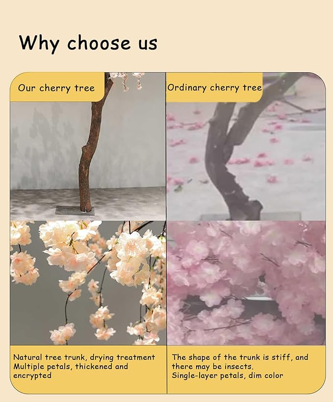 Artificial Cherry Blossom Tree 6.6Ft, White Silk Flowers with Solid Wood Trunk for Home & Garden Decor
