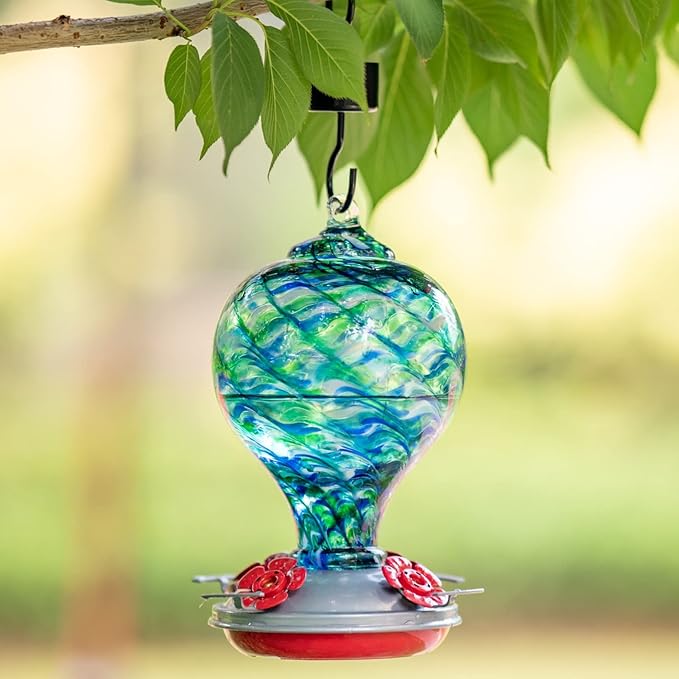 Muse Garden Hummingbird Feeder Hand Blown Glass Decor for Backyard, Gift for Hummingbird Lovers, Unique Gardening Gift (Blue Mermaid) 32OZ
