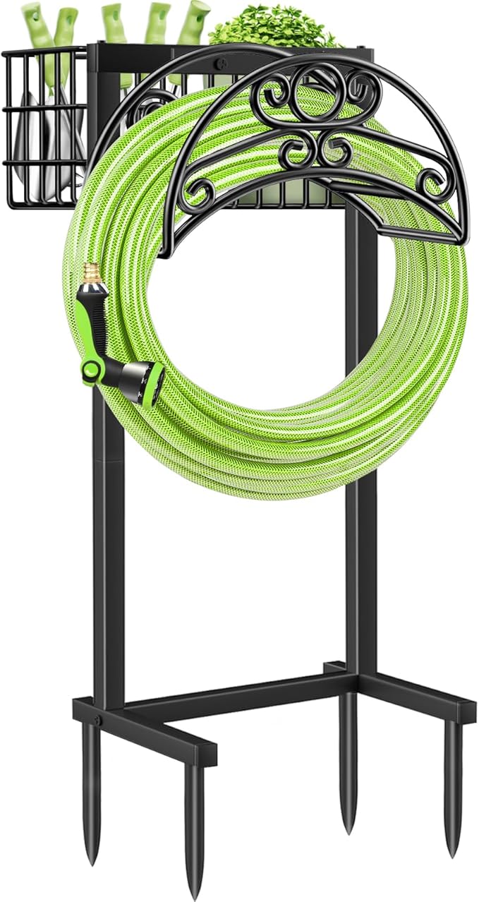 TomCare Garden Hose Holder with Large Storage Basket Heavy Duty Water Hose Holder Holds 160 Feet Hoses 4 Spikes Freestanding Hose Hanger Stable Hose Storage Organizer for Outside Yard