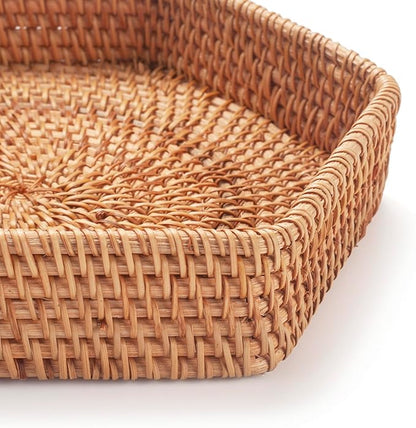 Hexagon Rattan Serving Tray for Coffee Table Woven Decorative Basket Trays for Ottoman Natural (8.7Inch x 1.8Inch)