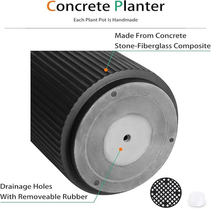 Round Concrete Planter Outdoor Indoor, Large Cement Plant Pots for Flowers (Vertical Black, 12 inch)
