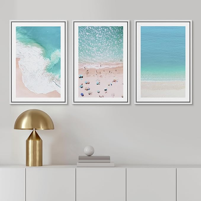 Ashbrook Framed Wall Art Print Set Aerial View Nautical Beach Ocean Wave View Nature Wilderness Photography Modern Art Scenic Colorful Chic for Living Room, Bedroom, Office - 24"x36"x3 White