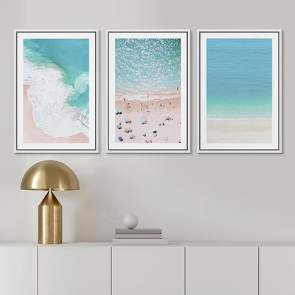 Ashbrook Framed Wall Art Print Set Aerial View Nautical Beach Ocean Wave View Nature Wilderness Photography Modern Art Scenic Colorful Chic for Living Room, Bedroom, Office - 16"x24"x3 White