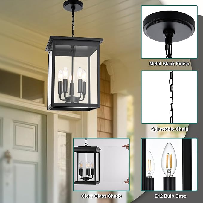 5 Lights Outdoor Pendant Light, Black Outside Chandelier, Exterior Hanging Fixture, Ceiling Mount with Clear Glass Shade Hanging Lantern Light Adjustable Pendant Light for Outdoor Hallway