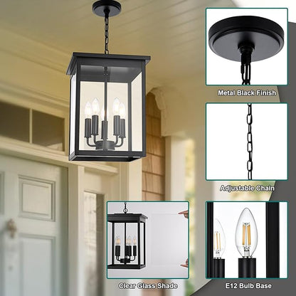 5 Lights Outdoor Pendant Light, Black Outside Chandelier, Exterior Hanging Fixture, Ceiling Mount with Clear Glass Shade Hanging Lantern Light Adjustable Pendant Light for Outdoor Hallway