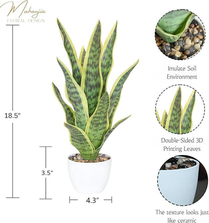 18.5" Artificial Snake Plant Potted,Fake Sansevieria Floor Plant Real Looking with White Planter for Centerpiece Home Decor (Yellow&Green)
