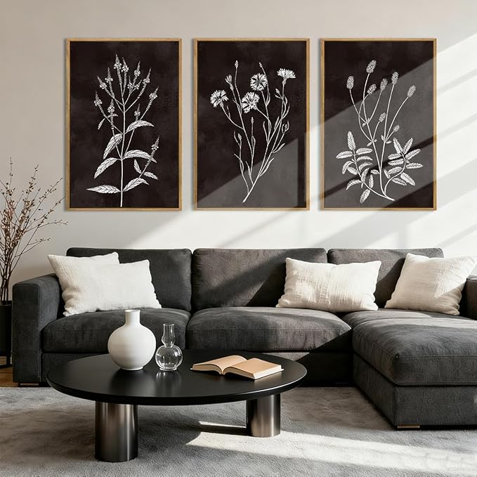 Extra Large Black and White Floral Wall Art Framed Botanical Wall Decor 3 Pieces for Bathroom Living Room Bedroom 24x36 Inch