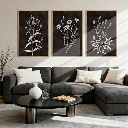 Extra Large Black and White Floral Wall Art Framed Botanical Wall Decor 3 Pieces for Bathroom Living Room Bedroom 24x36 Inch