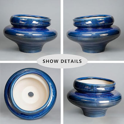 Ceramic Pots for Plants - 11 Inch Ceramic Planter for Indoor Outdoor, Unique Planters with Drainage Hole, Decorative Flower Pot, House Office Garden Decor, Plants Lover Gifts, Blue