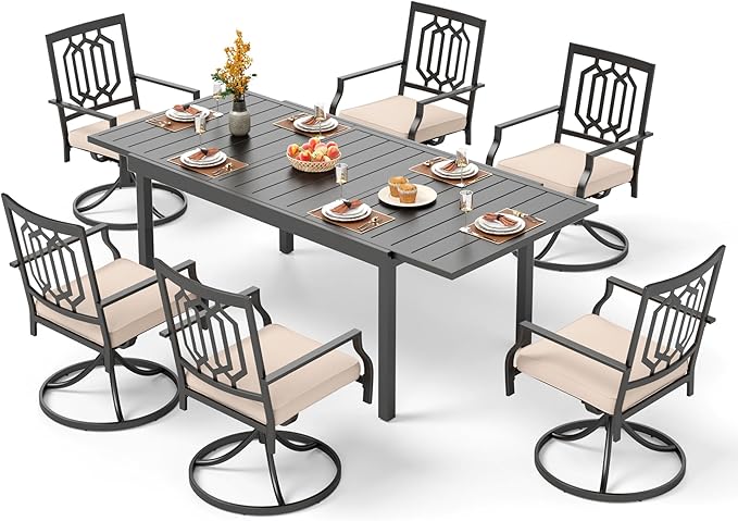 PHI VILLA 7 Piece Patio Dining Set,1 Extendable Dining Table and 6 Swivel Patio Dining Chairs Support 300 lbs for Outdoor Backyard Bistro Furniture Set with Cushion