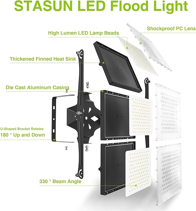 LED Flood Light Outdoor, STASUN 900W 90000lm 6000K Daylight White IP66 Waterproof, Commercial Parking Lot Light,3 Heads for Yard Street Stadium House Floodlight Bright Security Lights for Outdoor Area
