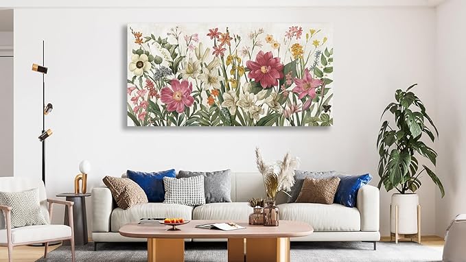 arteWOODS Botanical Canvas Wall Art - Flowers Pictures Wall Decor Wildflowers Plants Painting Artwork Red Beige Blooming Floral Prints for Living Room Bedroom Office Home Decor Ready to Hang 48 x 24in