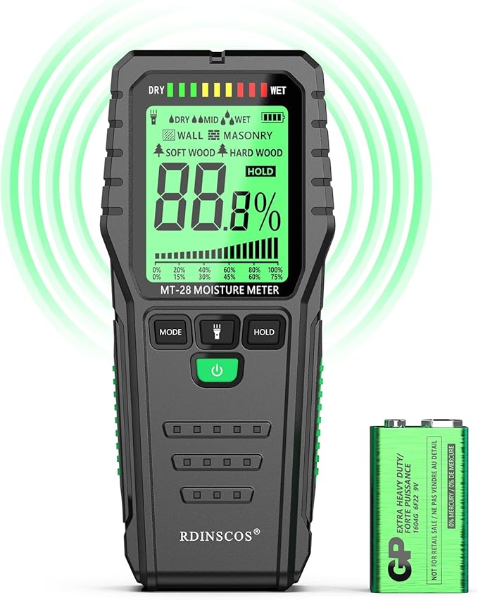 Pinless Moisture Meter for Wood Concrete – Digital Moisture Tester with 3-Color LCD Display, Audible Alarm & HOLD Function – Ideal for Firewood, Lumber, Home Inspections (Green)